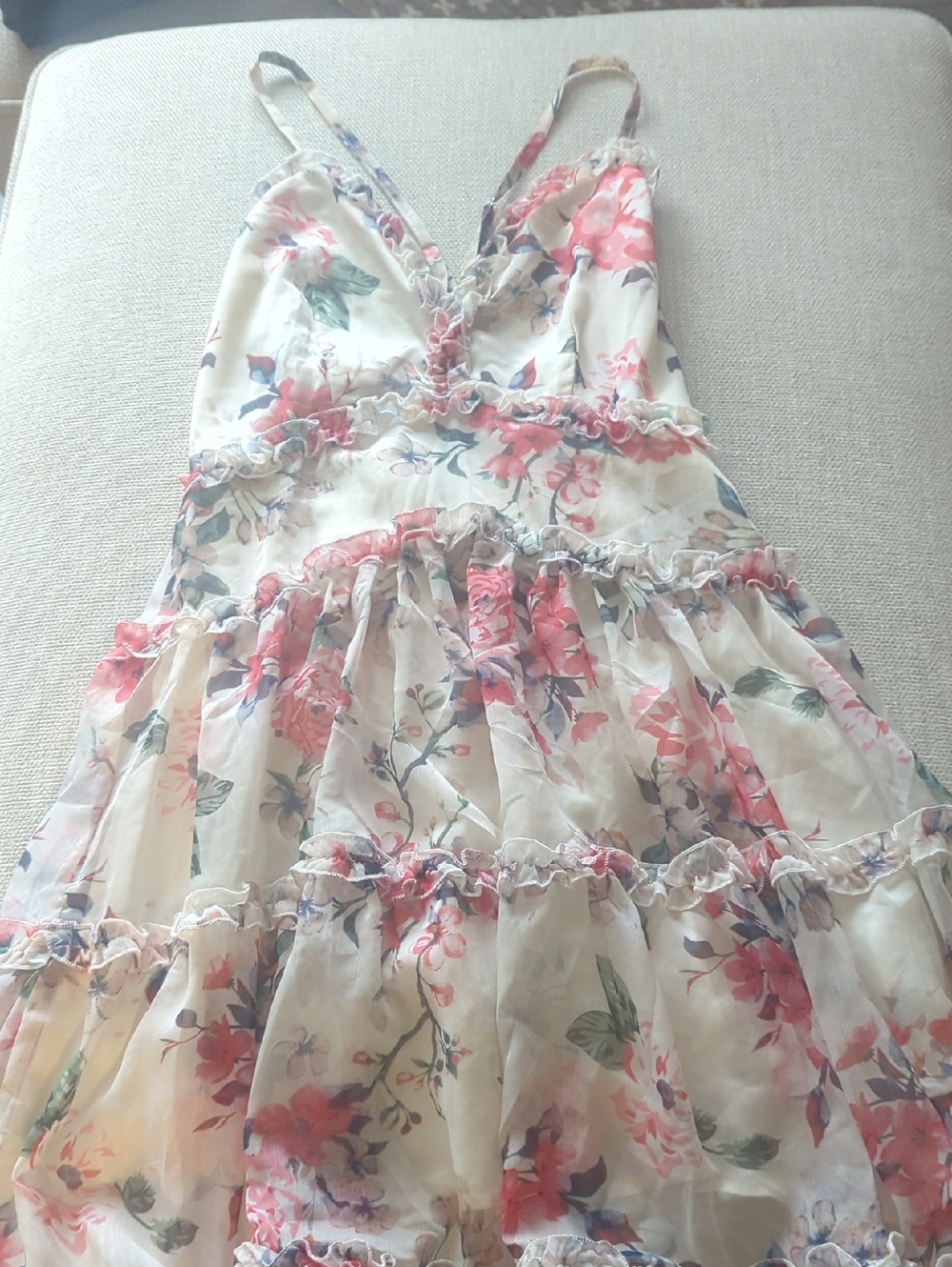 Windsor Floral Ruffle Tiered Mini Dress in Cream, Pink, Green